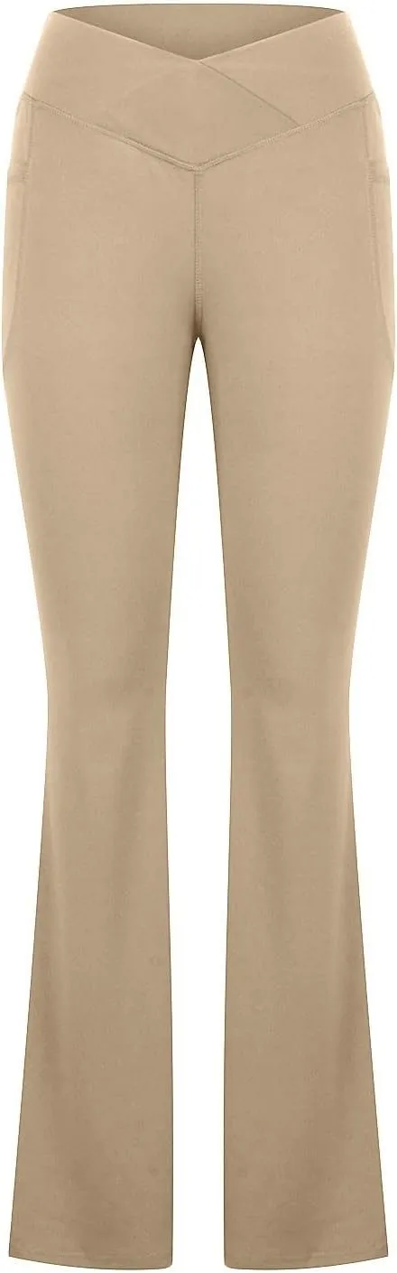 Flare Leggings for Women Tall Tummy Control V Crossover Bell Bottom Pants High Waist Bootcut Yoga Pants with Pockets