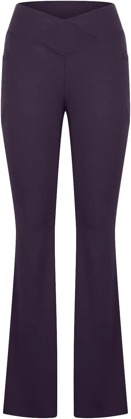 Flare Leggings for Women Tall Tummy Control V Crossover Bell Bottom Pants High Waist Bootcut Yoga Pants with Pockets