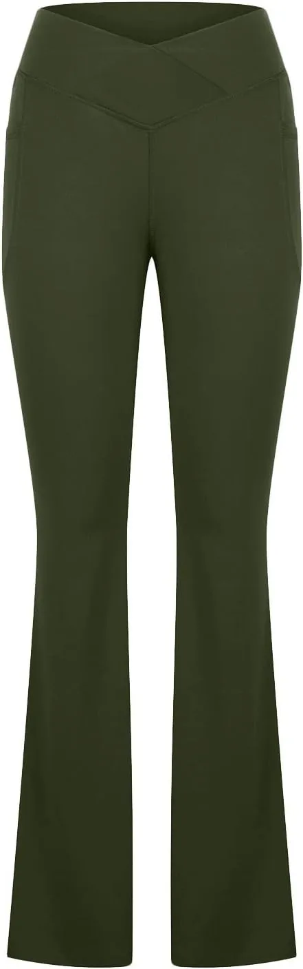 Flare Leggings for Women Tall Tummy Control V Crossover Bell Bottom Pants High Waist Bootcut Yoga Pants with Pockets