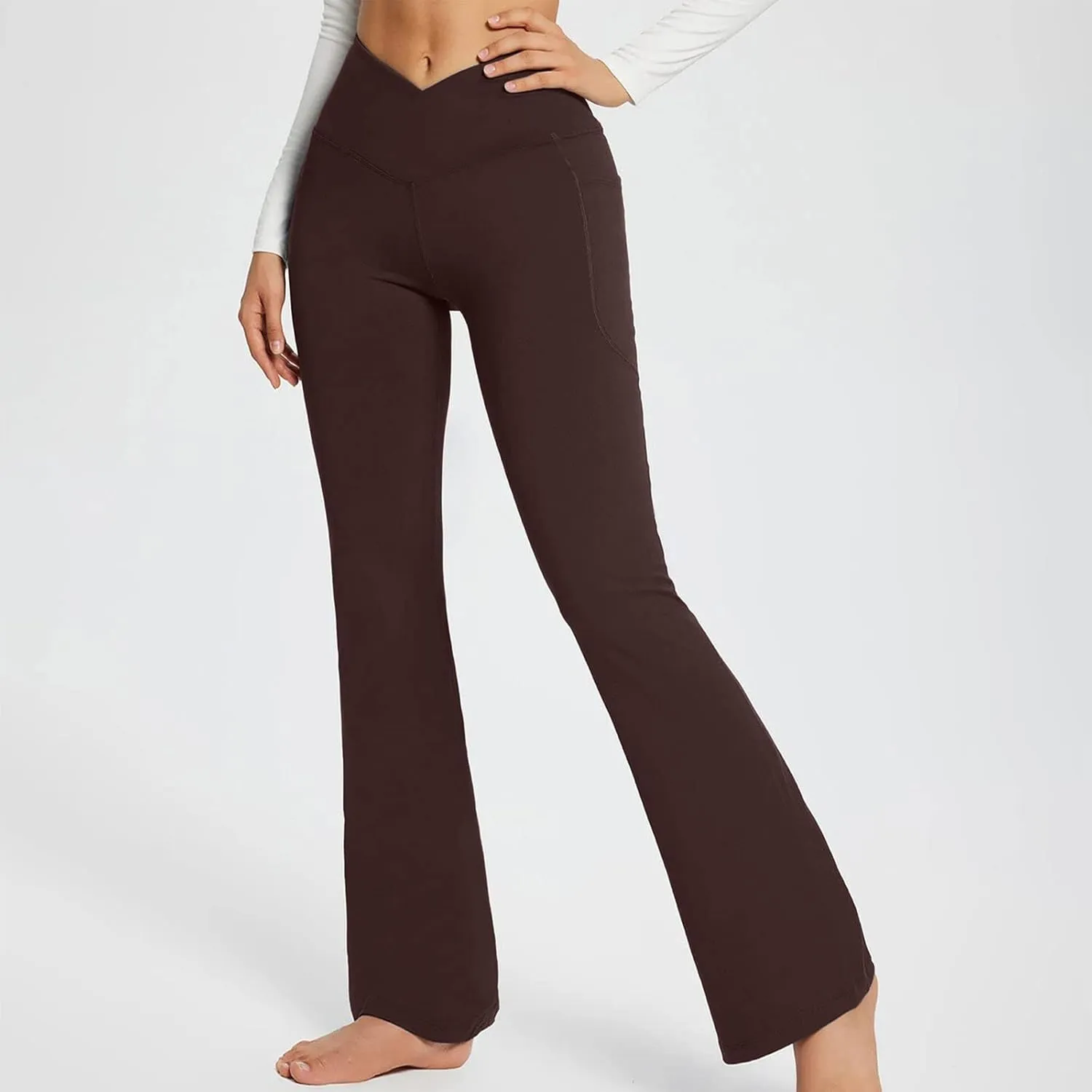 Flare Leggings for Women Tall Tummy Control V Crossover Bell Bottom Pants High Waist Bootcut Yoga Pants with Pockets