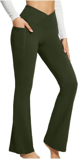 Flare Leggings for Women Tall Tummy Control V Crossover Bell Bottom Pants High Waist Bootcut Yoga Pants with Pockets