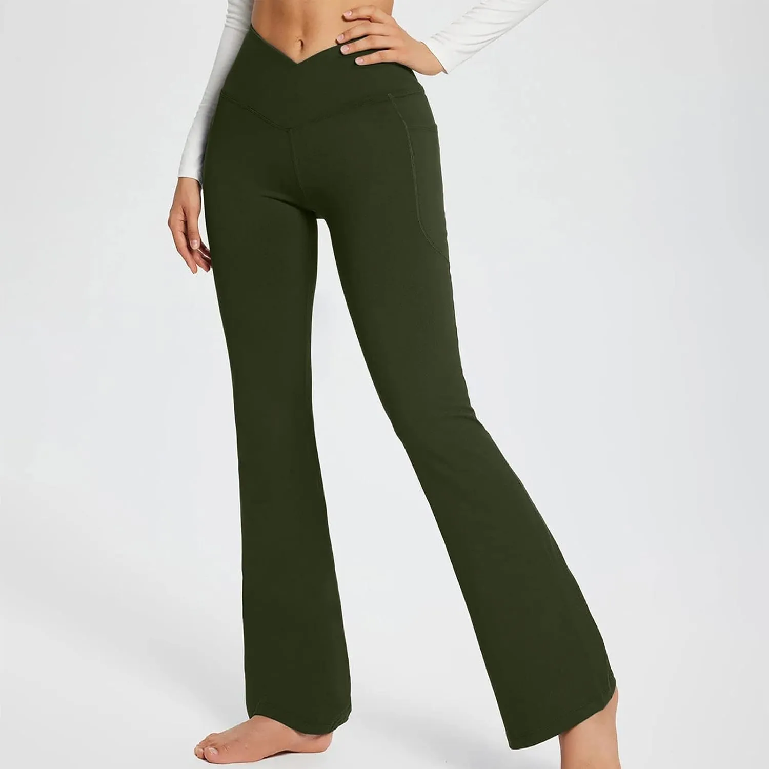 Flare Leggings for Women Tall Tummy Control V Crossover Bell Bottom Pants High Waist Bootcut Yoga Pants with Pockets