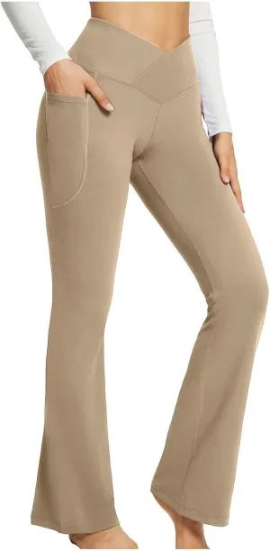 Flare Leggings for Women Tall Tummy Control V Crossover Bell Bottom Pants High Waist Bootcut Yoga Pants with Pockets