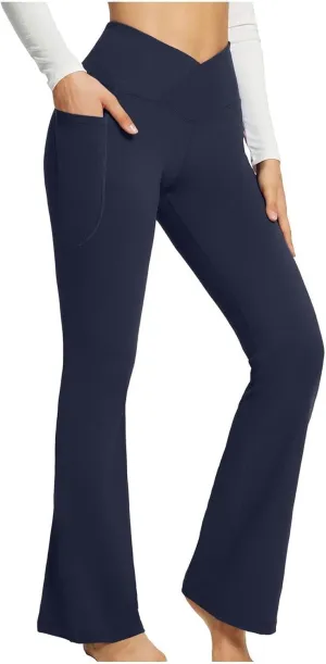 Flare Leggings for Women Tall Tummy Control V Crossover Bell Bottom Pants High Waist Bootcut Yoga Pants with Pockets