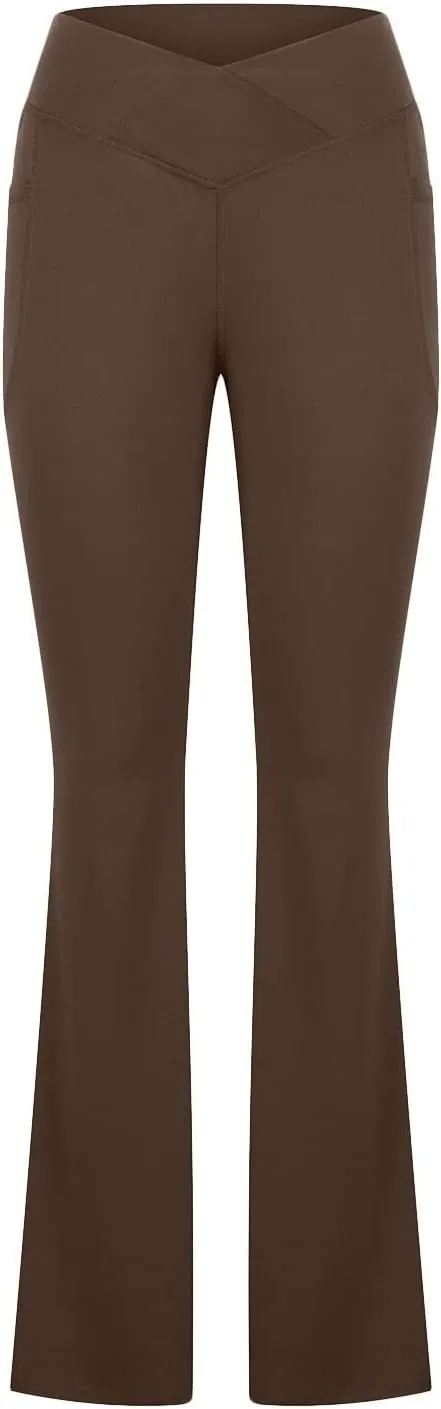 Flare Leggings for Women Tall Tummy Control V Crossover Bell Bottom Pants High Waist Bootcut Yoga Pants with Pockets