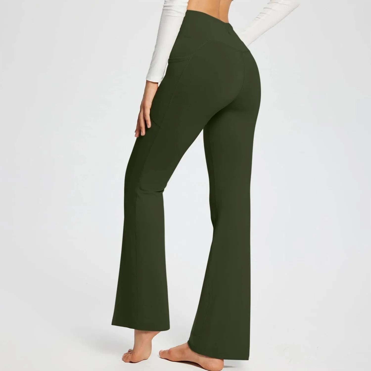 Flare Leggings for Women Tall Tummy Control V Crossover Bell Bottom Pants High Waist Bootcut Yoga Pants with Pockets