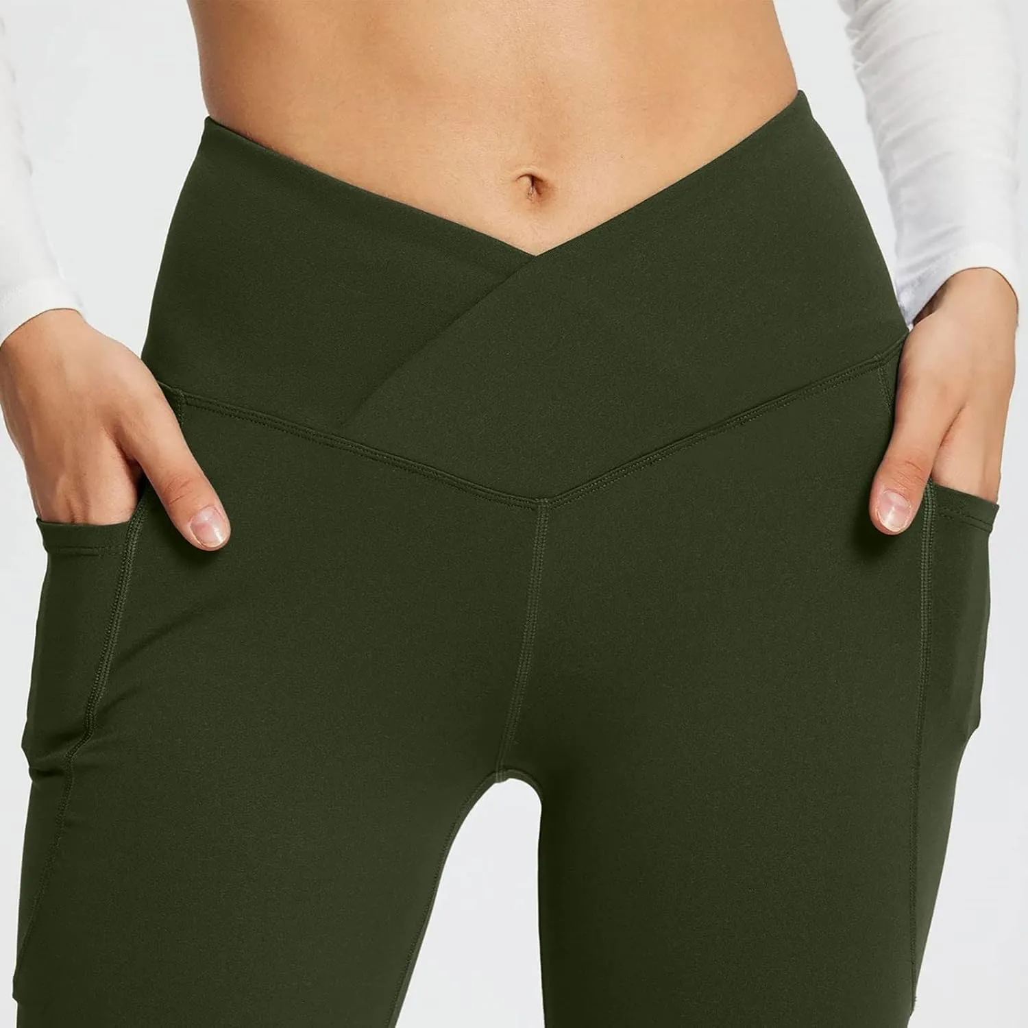 Flare Leggings for Women Tall Tummy Control V Crossover Bell Bottom Pants High Waist Bootcut Yoga Pants with Pockets