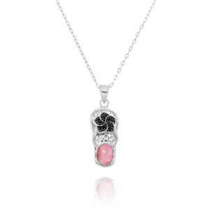 Flip Flop Pendant Necklace with Pink Opal and Black Spinel Hibiscus Flower