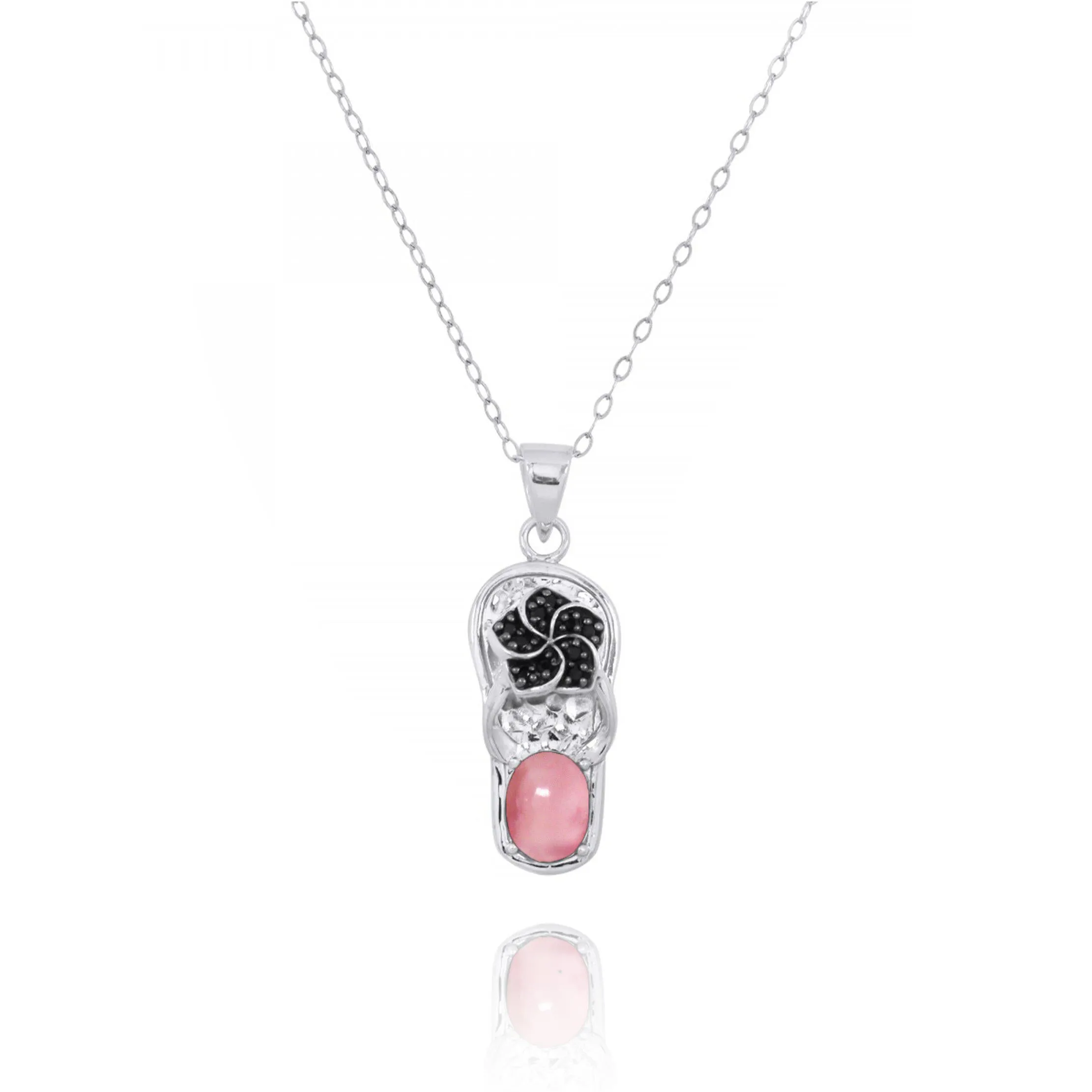 Flip Flop Pendant Necklace with Pink Opal and Black Spinel Hibiscus Flower