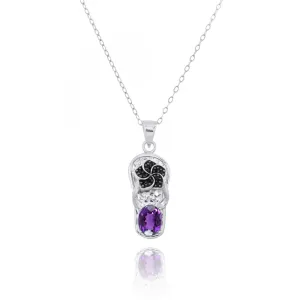 Flip Flop Pendant Necklace with Purple CZ and Black Spinel Hibiscus Flower