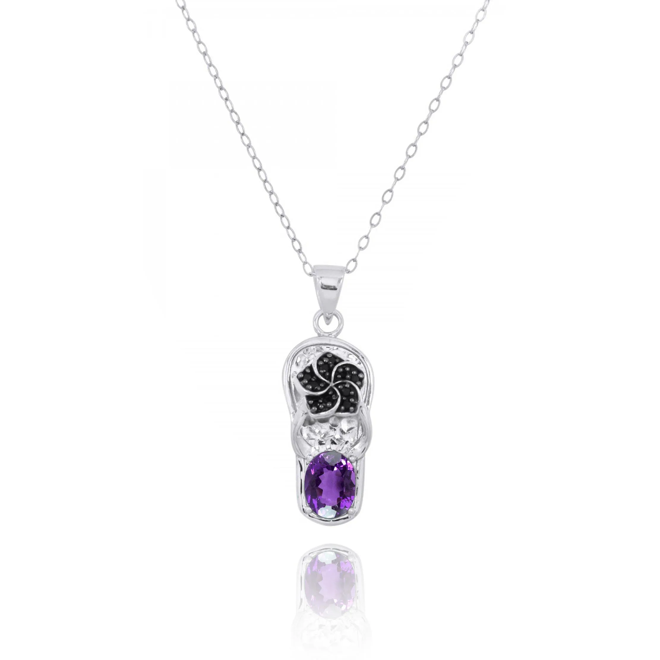 Flip Flop Pendant Necklace with Purple CZ and Black Spinel Hibiscus Flower
