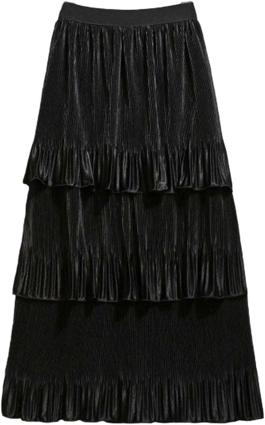 Flygo Women's Flared Layered Peated Ruffles Waterfall Midi Skirt