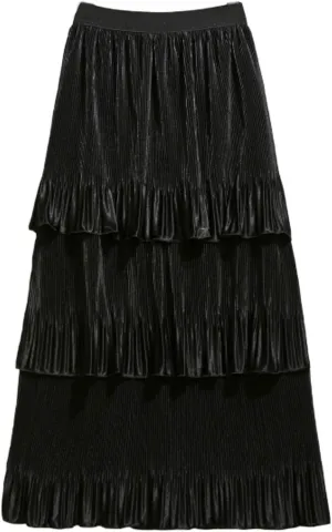 Flygo Women's Flared Layered Peated Ruffles Waterfall Midi Skirt