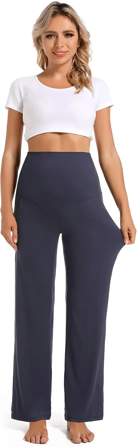 Foucome Women's Maternity Pants Casual Loose Wide Leg Cozy Pant Pregnancy Palazzo Lounge Trousers with Pockets