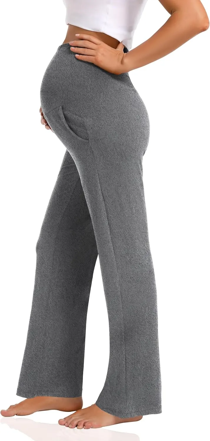 Foucome Women's Maternity Pants Casual Loose Wide Leg Cozy Pant Pregnancy Palazzo Lounge Trousers with Pockets