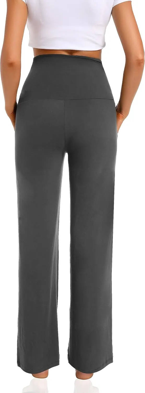 Foucome Women's Maternity Pants Casual Loose Wide Leg Cozy Pant Pregnancy Palazzo Lounge Trousers with Pockets