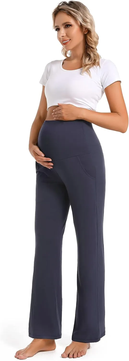 Foucome Women's Maternity Pants Casual Loose Wide Leg Cozy Pant Pregnancy Palazzo Lounge Trousers with Pockets