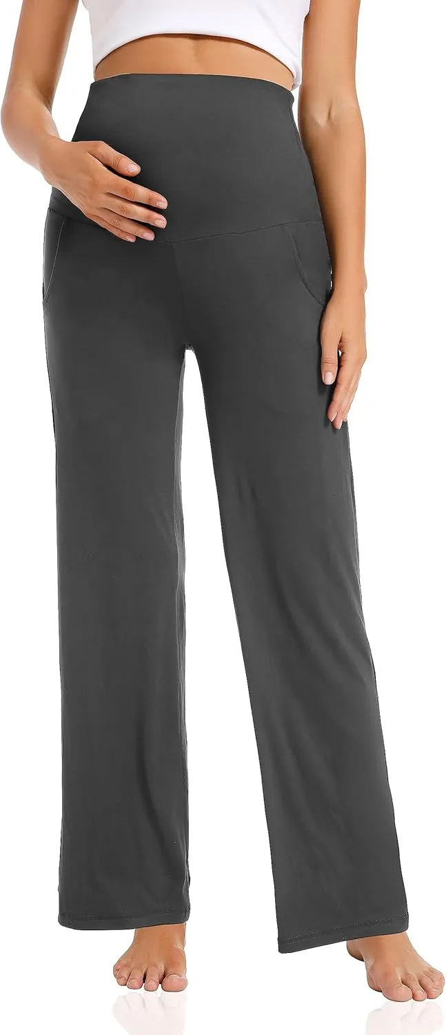 Foucome Women's Maternity Pants Casual Loose Wide Leg Cozy Pant Pregnancy Palazzo Lounge Trousers with Pockets