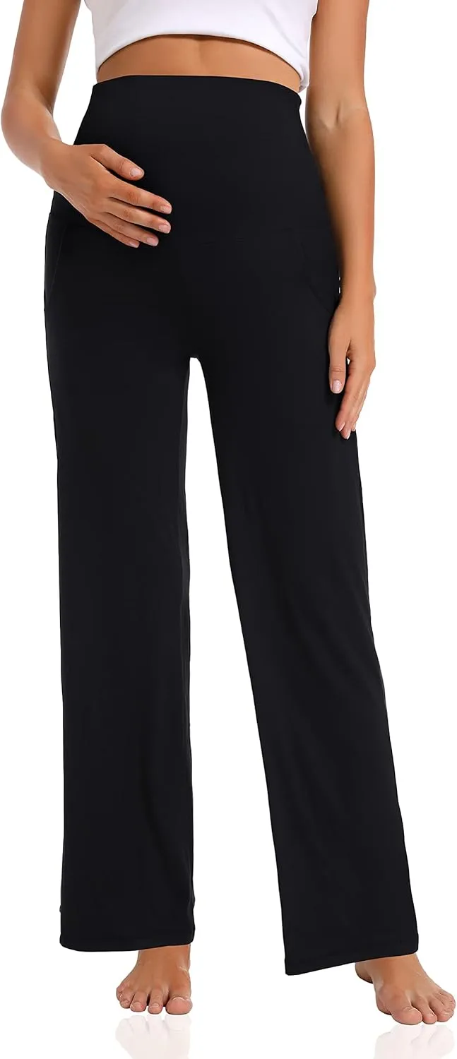 Foucome Women's Maternity Pants Casual Loose Wide Leg Cozy Pant Pregnancy Palazzo Lounge Trousers with Pockets