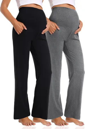 Foucome Women's Maternity Pants Casual Loose Wide Leg Cozy Pant Pregnancy Palazzo Lounge Trousers with Pockets