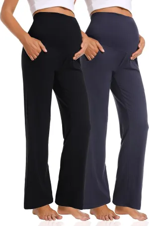Foucome Women's Maternity Pants Casual Loose Wide Leg Cozy Pant Pregnancy Palazzo Lounge Trousers with Pockets