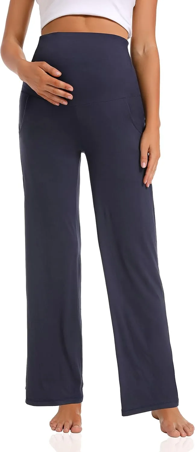 Foucome Women's Maternity Pants Casual Loose Wide Leg Cozy Pant Pregnancy Palazzo Lounge Trousers with Pockets