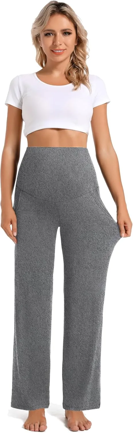 Foucome Women's Maternity Pants Casual Loose Wide Leg Cozy Pant Pregnancy Palazzo Lounge Trousers with Pockets