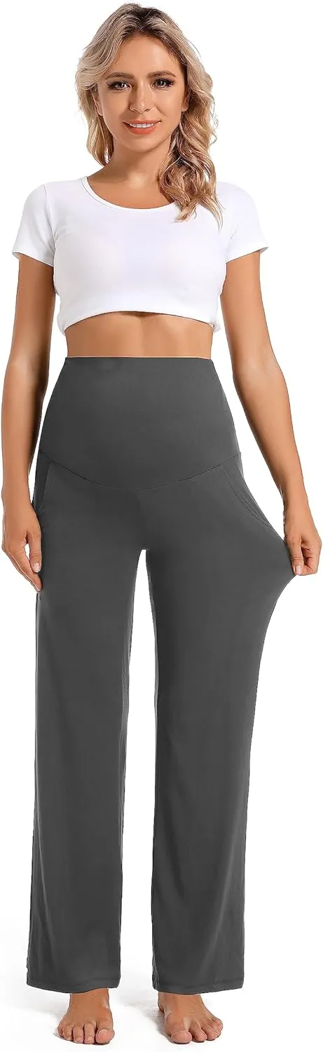 Foucome Women's Maternity Pants Casual Loose Wide Leg Cozy Pant Pregnancy Palazzo Lounge Trousers with Pockets