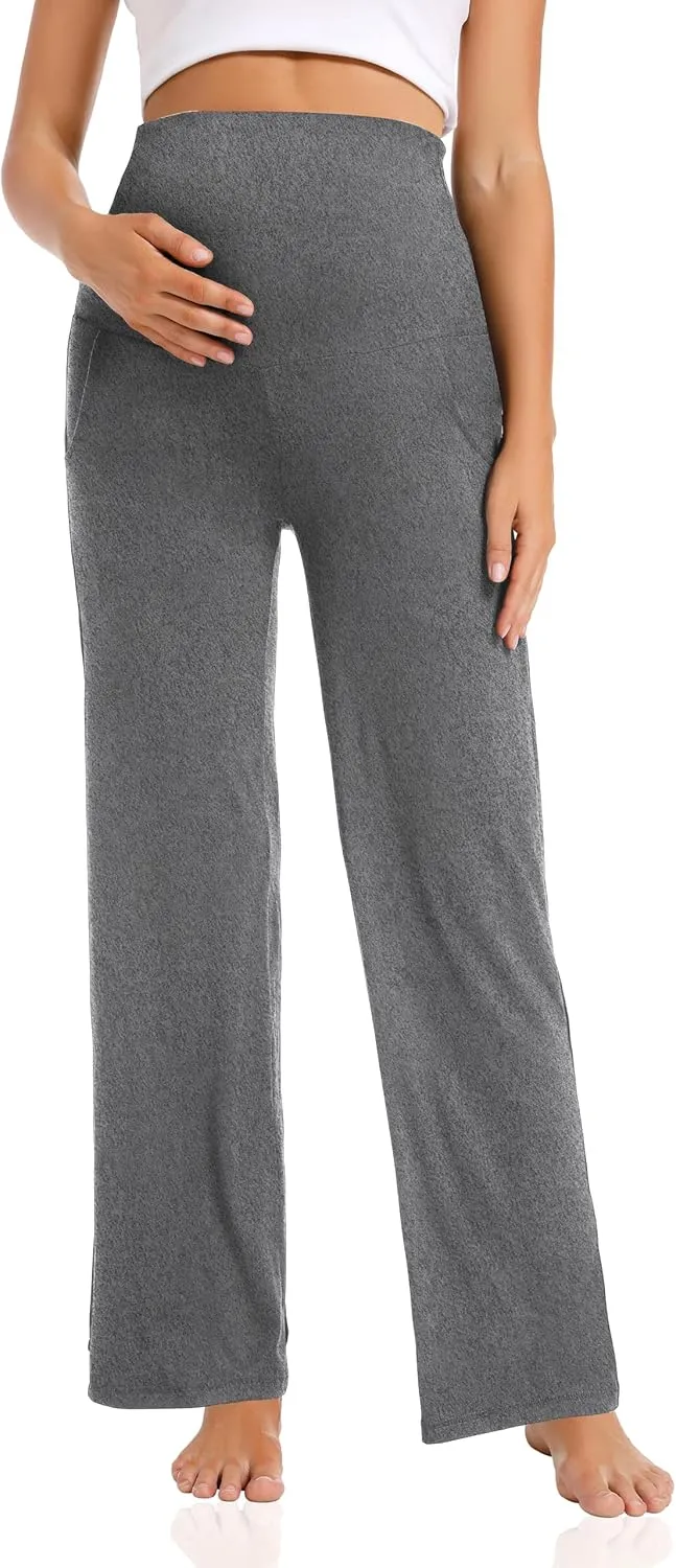 Foucome Women's Maternity Pants Casual Loose Wide Leg Cozy Pant Pregnancy Palazzo Lounge Trousers with Pockets