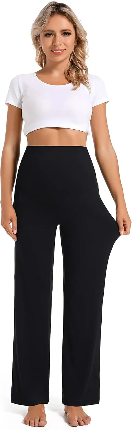 Foucome Women's Maternity Pants Casual Loose Wide Leg Cozy Pant Pregnancy Palazzo Lounge Trousers with Pockets