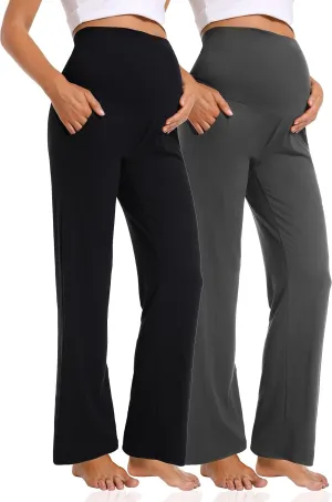 Foucome Women's Maternity Pants Casual Loose Wide Leg Cozy Pant Pregnancy Palazzo Lounge Trousers with Pockets