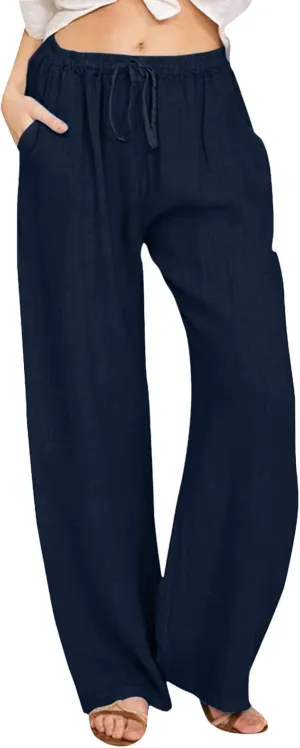 FZVYD Women's Cotton Linen Pants 2024 Summer Wide Leg Casual Loose Drawstring Low Waist Palazzo Pants Trousers with Pockets
