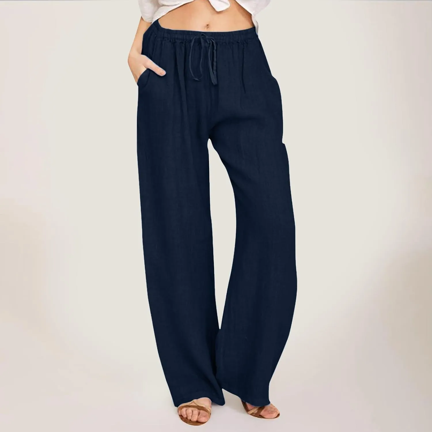 FZVYD Women's Cotton Linen Pants 2024 Summer Wide Leg Casual Loose Drawstring Low Waist Palazzo Pants Trousers with Pockets