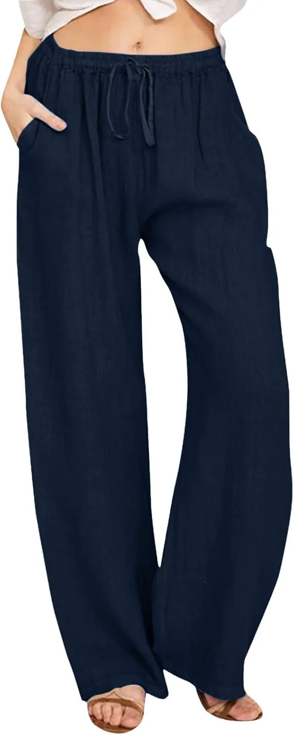 FZVYD Women's Cotton Linen Pants 2024 Summer Wide Leg Casual Loose Drawstring Low Waist Palazzo Pants Trousers with Pockets