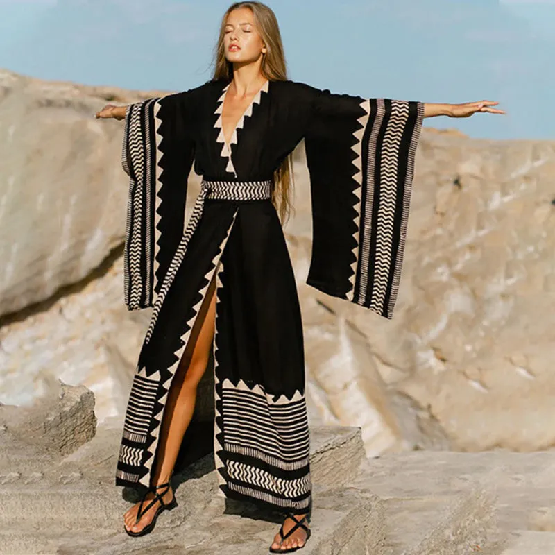 Geometric Print Extra-wide Sleeve Bikini Cover-up Wrap Kimono
