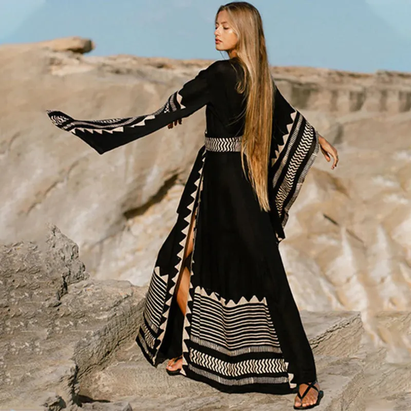 Geometric Print Extra-wide Sleeve Bikini Cover-up Wrap Kimono