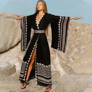 Geometric Print Extra-wide Sleeve Bikini Cover-up Wrap Kimono