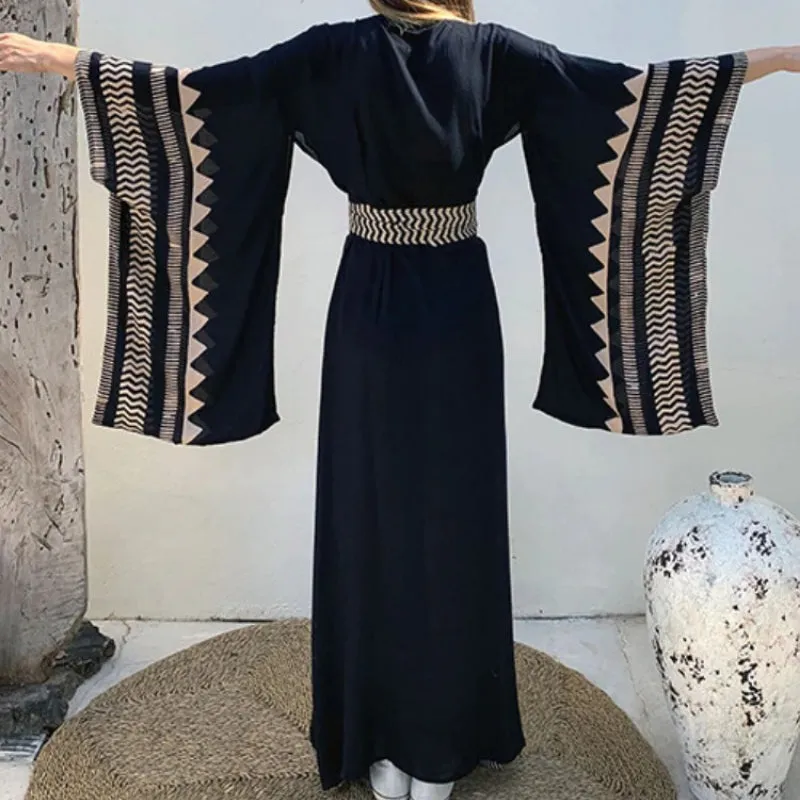 Geometric Print Extra-wide Sleeve Bikini Cover-up Wrap Kimono