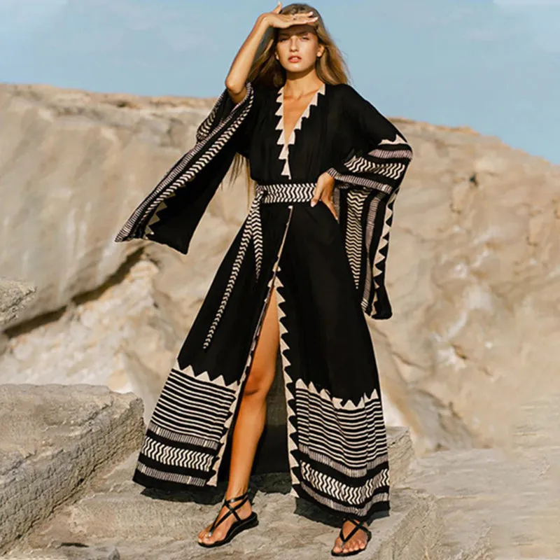 Geometric Print Extra-wide Sleeve Bikini Cover-up Wrap Kimono