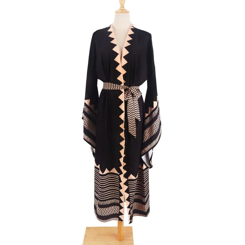 Geometric Print Extra-wide Sleeve Bikini Cover-up Wrap Kimono