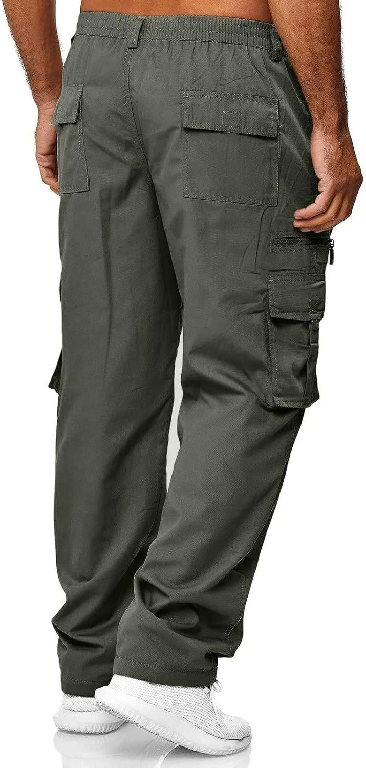GIERIDUC Men's Linen Cotton Pants Men's Elasticated Waist Smart Trousers Mens Stretch Waist Trousers Mens Dark Green Trousers