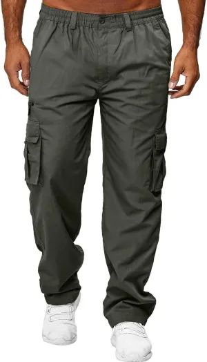 GIERIDUC Men's Linen Cotton Pants Men's Elasticated Waist Smart Trousers Mens Stretch Waist Trousers Mens Dark Green Trousers