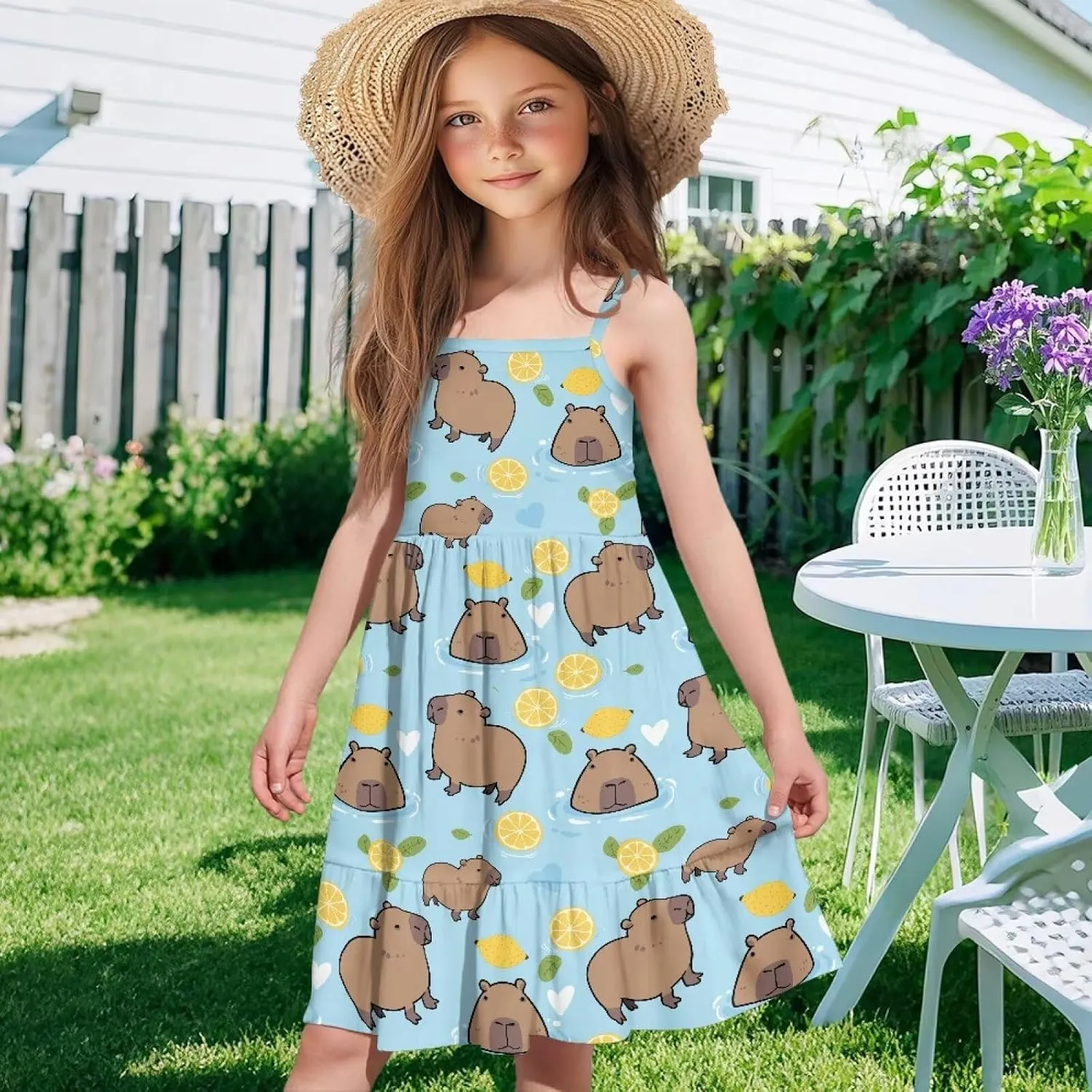 Girls Cute Spaghetti Strap Dress Tiered A-Line Pleated Summer Midi Dresses for 3-14Y