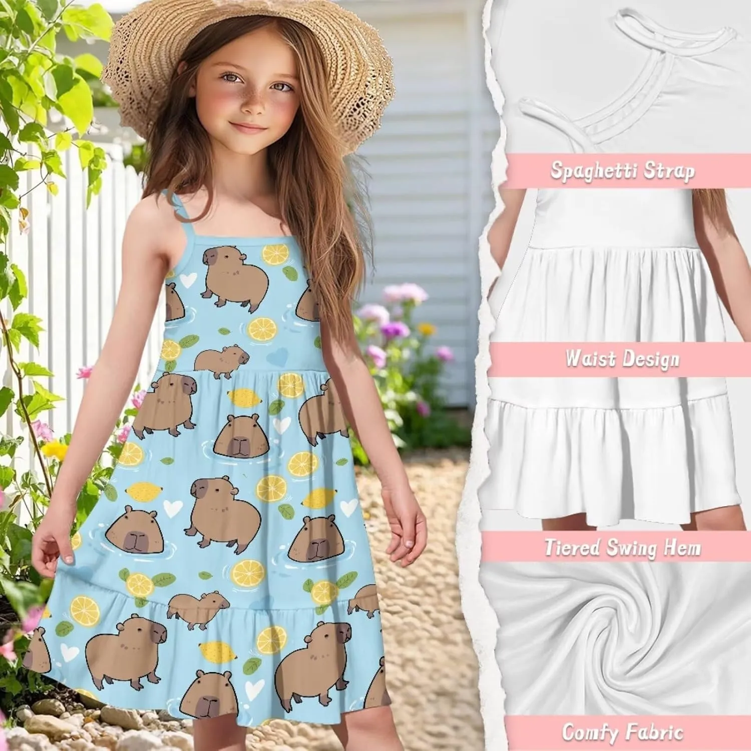 Girls Cute Spaghetti Strap Dress Tiered A-Line Pleated Summer Midi Dresses for 3-14Y