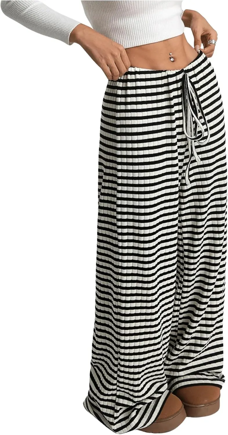 GORGLITTER Women's Bow Tie Stacked Baggy Sweatpants Striped Wide Leg Lounge Pants Comfy Pajama Pants Black Medium