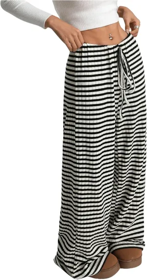 GORGLITTER Women's Bow Tie Stacked Baggy Sweatpants Striped Wide Leg Lounge Pants Comfy Pajama Pants Black Medium