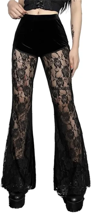 Gothic Bell Bottom Pants for Women Goth Grunge Black High Waisted Flare Leggings Boho Hippie Festival Outfits