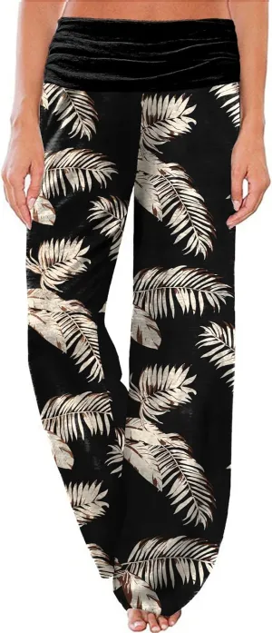Gracyoga Women's Comfy Pajama Pants Wide Leg Lounge Palazzo Yoga Pants Stretch Casual Floral Print Fold Waist Pants