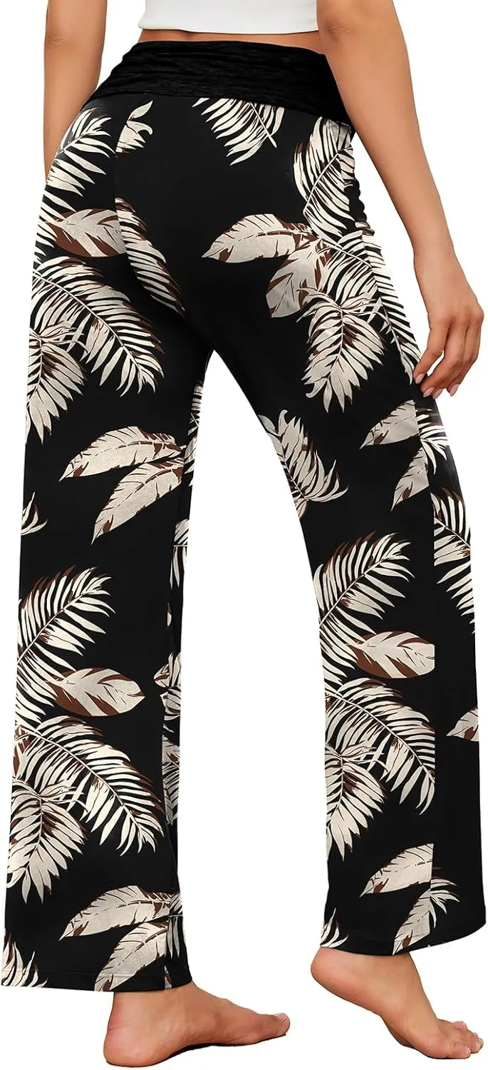 Gracyoga Women's Comfy Pajama Pants Wide Leg Lounge Palazzo Yoga Pants Stretch Casual Floral Print Fold Waist Pants