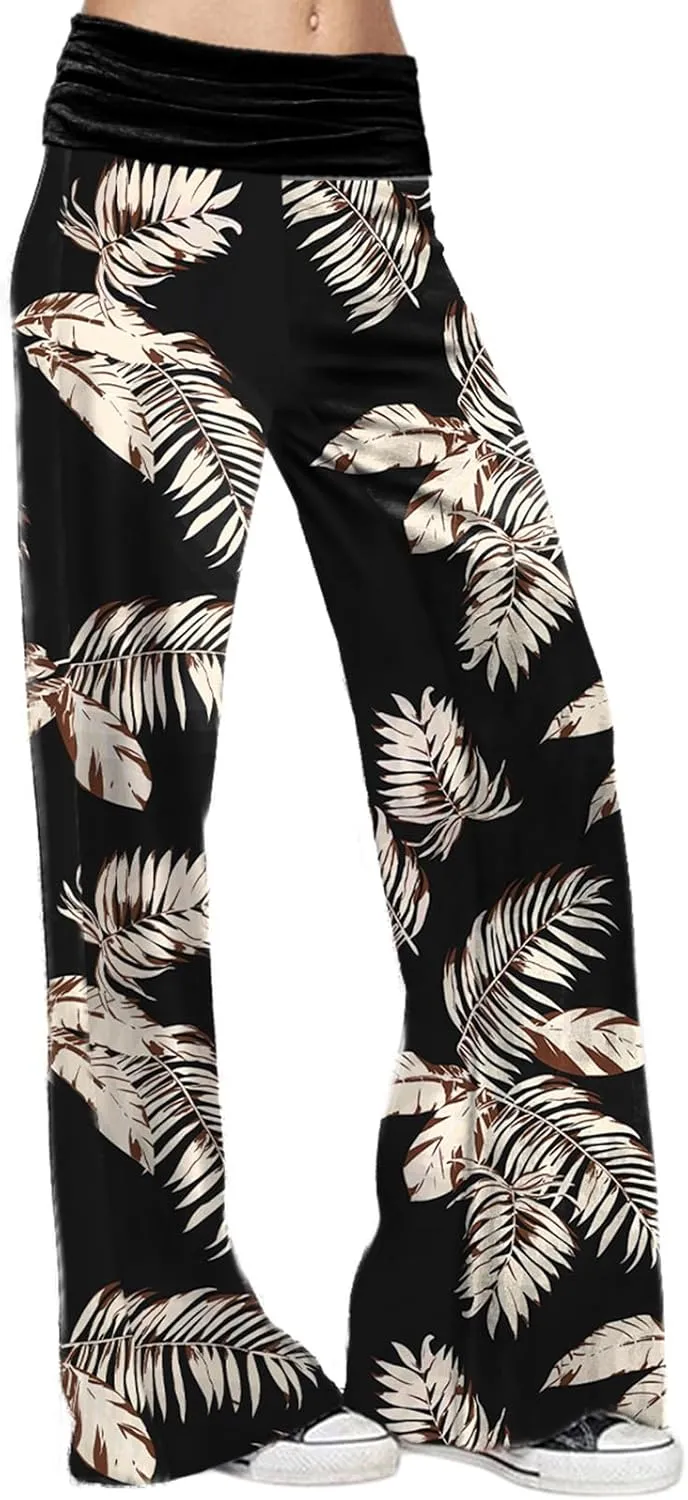 Gracyoga Women's Comfy Pajama Pants Wide Leg Lounge Palazzo Yoga Pants Stretch Casual Floral Print Fold Waist Pants